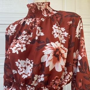 Ladies boho smoked conch waist peasant sleeve floral blouse regal freebird